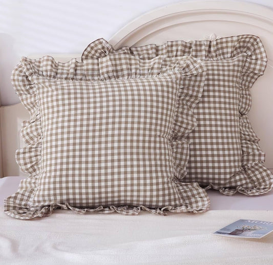 Gingham Ruffle Pillow Covers S/2
